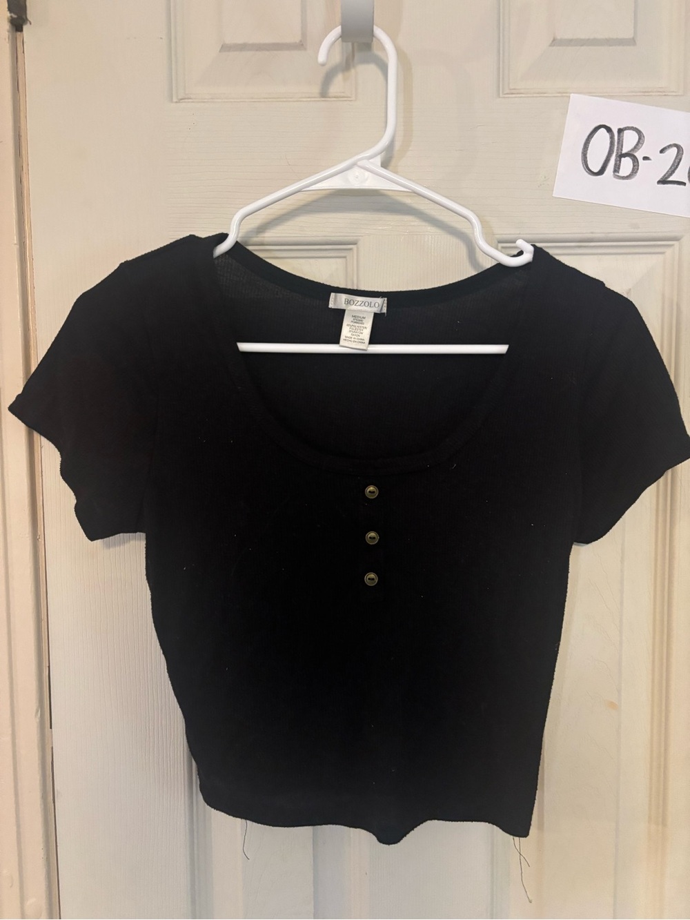 Bozzolo Black Short Sleeve Crop Top with Button Placket